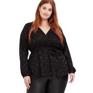 Torrid Plus Size 2X Top Jacquard Surplice Black Skull Faux Wrap Long Sleeve 1146